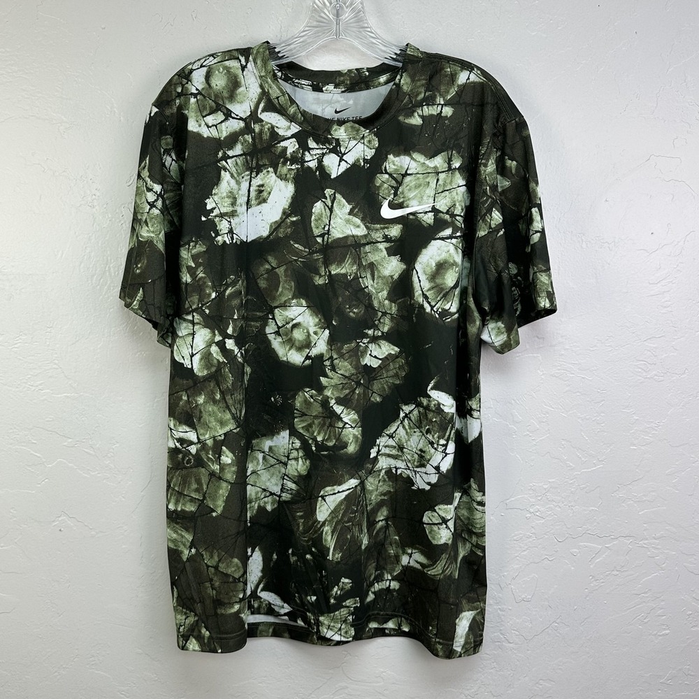 Nike Shirt Mens Large Green Black Dri-Fit The Nike Tee Camo Print Athletic